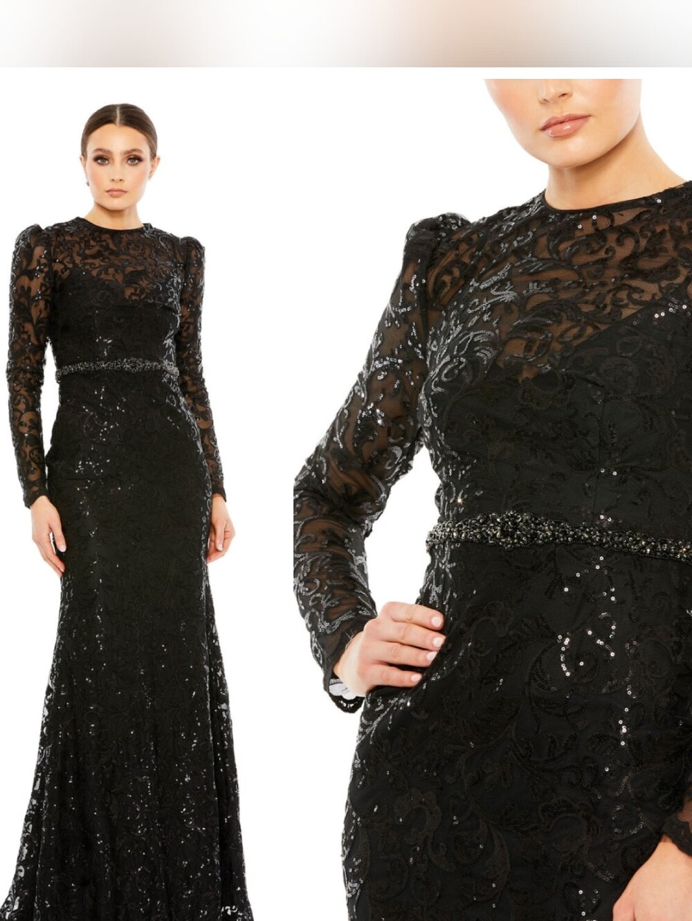 Mac Duggal 68011 Black Sequin Lace Formal Gown Long Sleeve Sheath Size 6 Dress